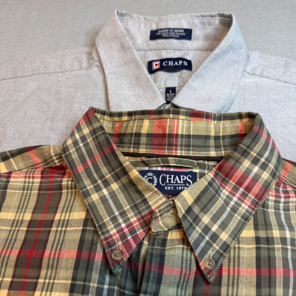 Chaps Mens Button Down Shirt Bundle Grey Oxford & Green Red Plaid Size L 16-16.5
